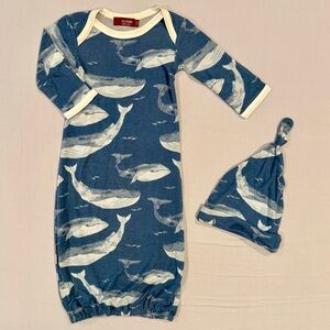 New Milkbarn Blue Whale Newborn Boys 0-3M Girls Gown & Hat Set Bamboo Layette